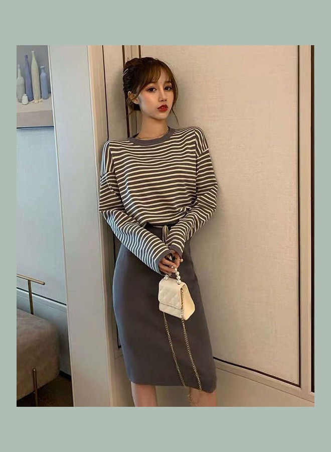Generic Casual Long-Sleeved Striped T-Shirt Top Outfit Grey  - Image 1