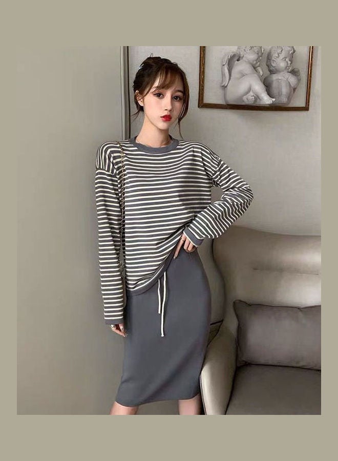Generic Casual Long-Sleeved Striped T-Shirt Top Outfit Grey  - Image 2