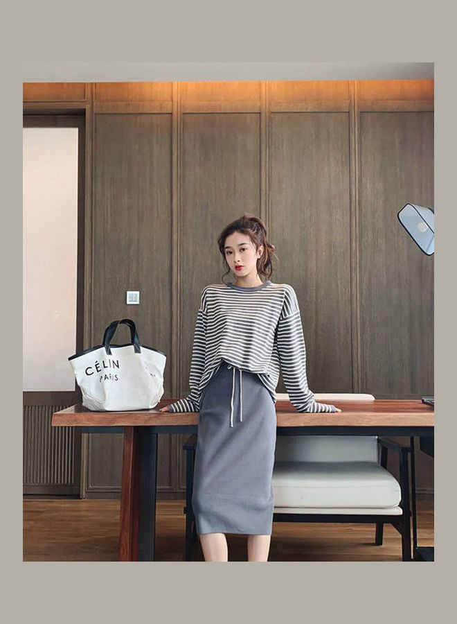 Generic Casual Long-Sleeved Striped T-Shirt Top Outfit Grey  - Image 4