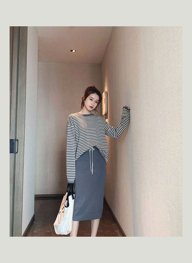 Generic Casual Long-Sleeved Striped T-Shirt Top Outfit Grey  - Image 5