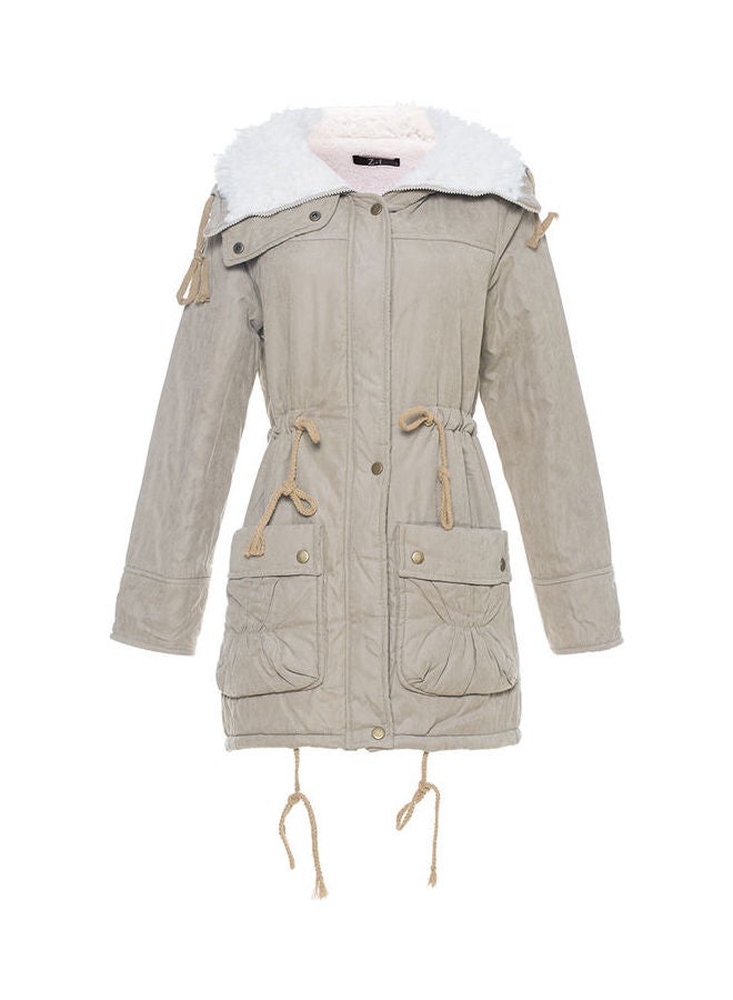 Cotton Coat Solid Color Zipper Closure Coat Khaki - Image 1