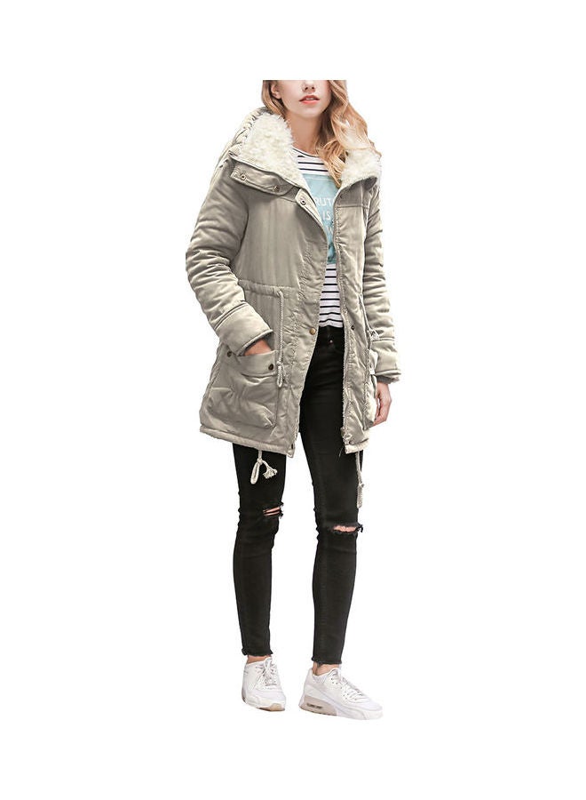 Cotton Coat Solid Color Zipper Closure Coat Khaki - Image 3