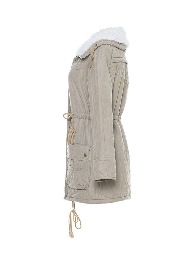 Cotton Coat Solid Color Zipper Closure Coat Khaki - Image 4