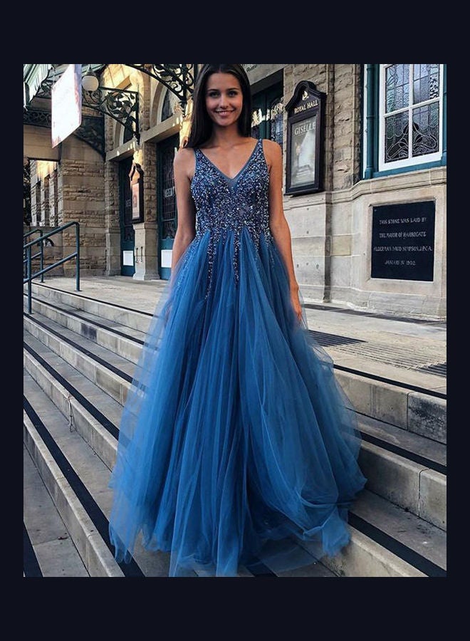 Deep V-Shape Sling Mesh Wedding Dress Dark Blue  - Image 1