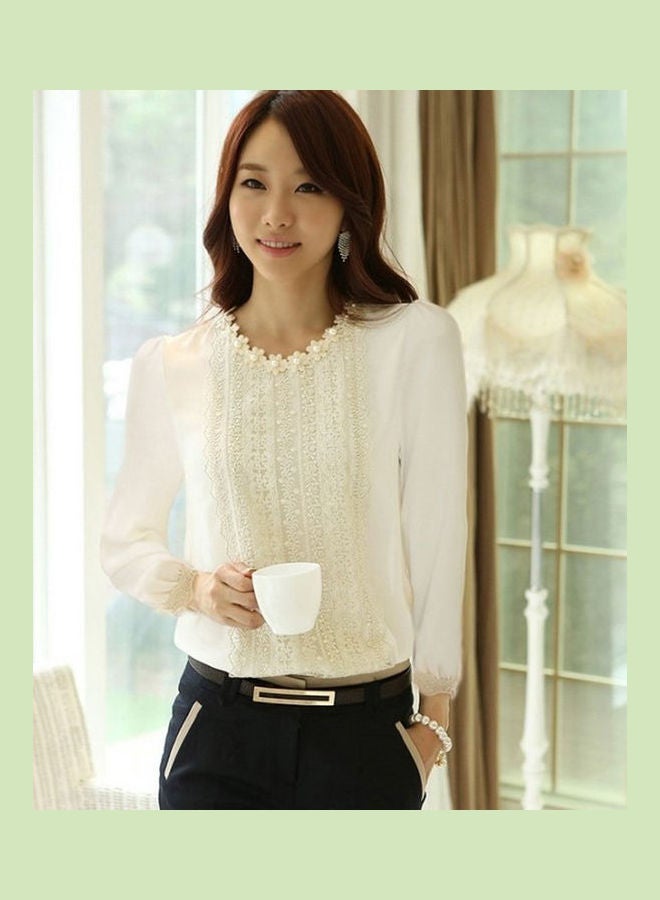 بلوزة ربيعية بتفاصيل من الدانتيل بأكمام طويلة ورقبة دائرية أبيض - Image 1