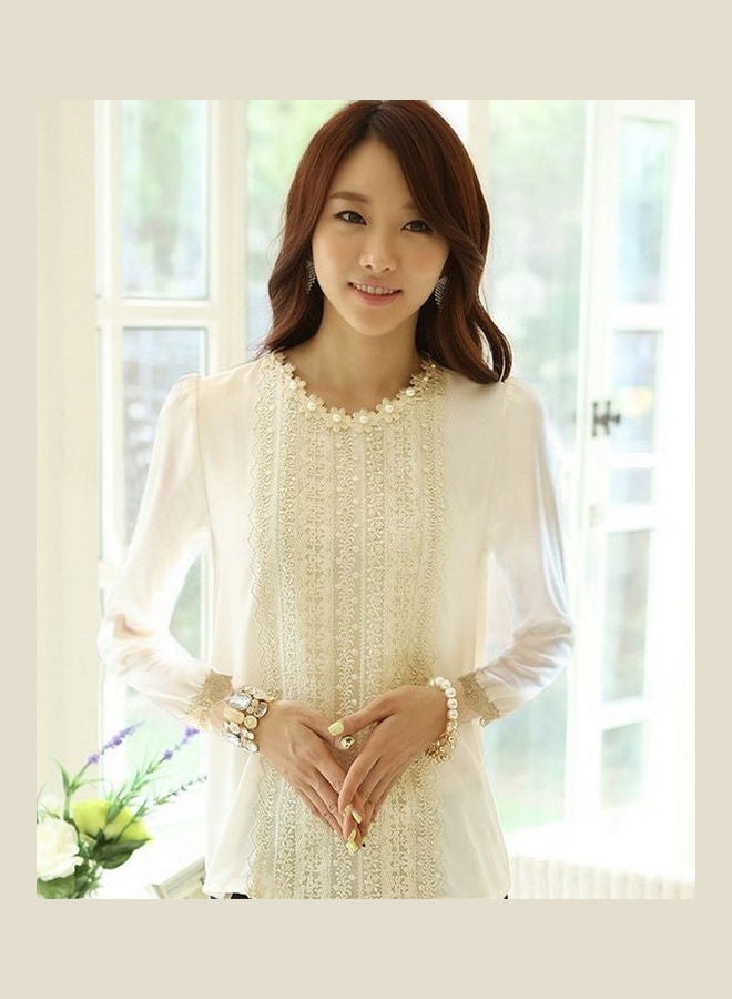 بلوزة ربيعية بتفاصيل من الدانتيل بأكمام طويلة ورقبة دائرية أبيض - Image 2