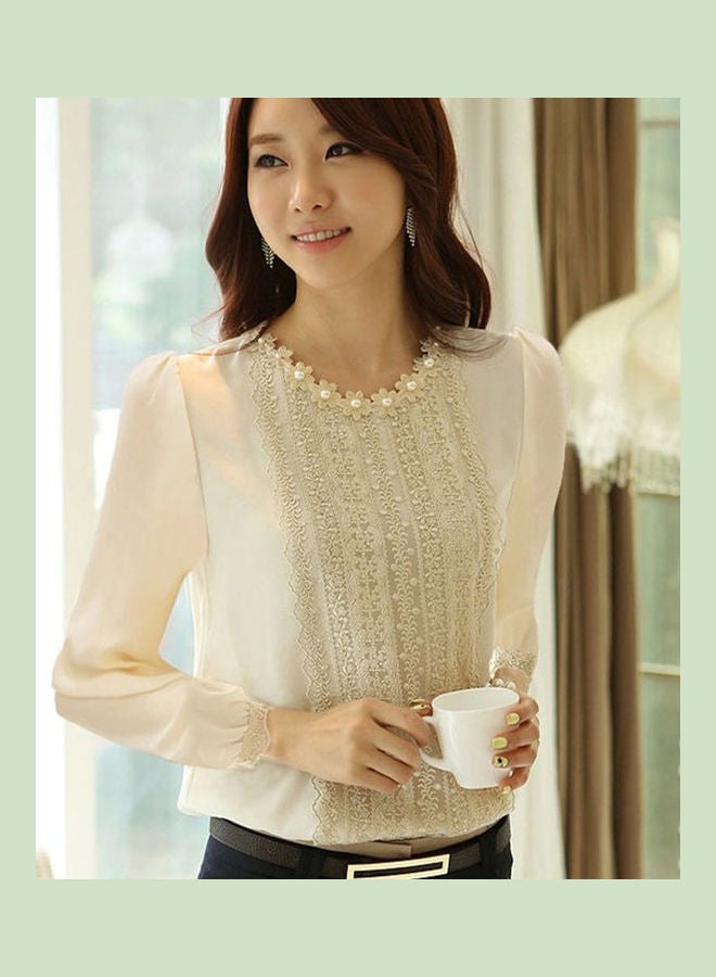 بلوزة ربيعية بتفاصيل من الدانتيل بأكمام طويلة ورقبة دائرية أبيض - Image 4