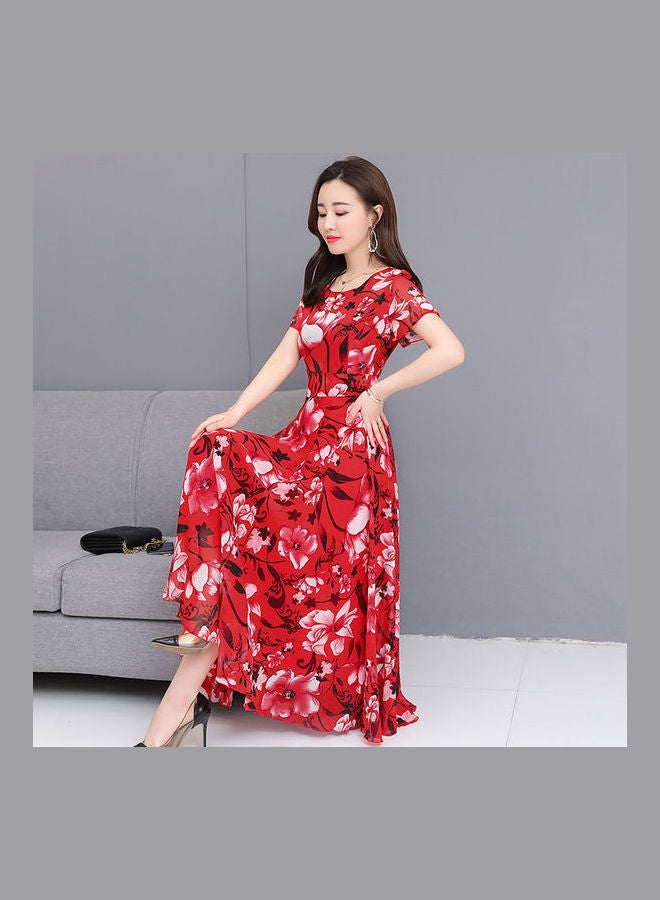 Floral Printed Casual Short Sleeves Dress Red  - Image 1
