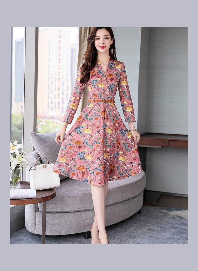 Casual Floral Printed Long Dress With Belt Pink - Image 1