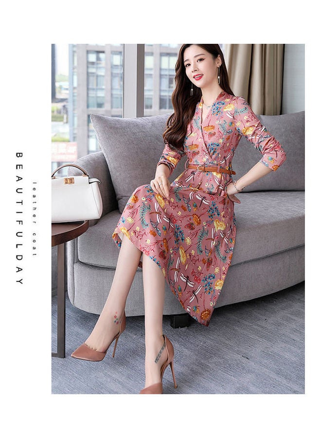 Casual Floral Printed Long Dress With Belt Pink - Image 2