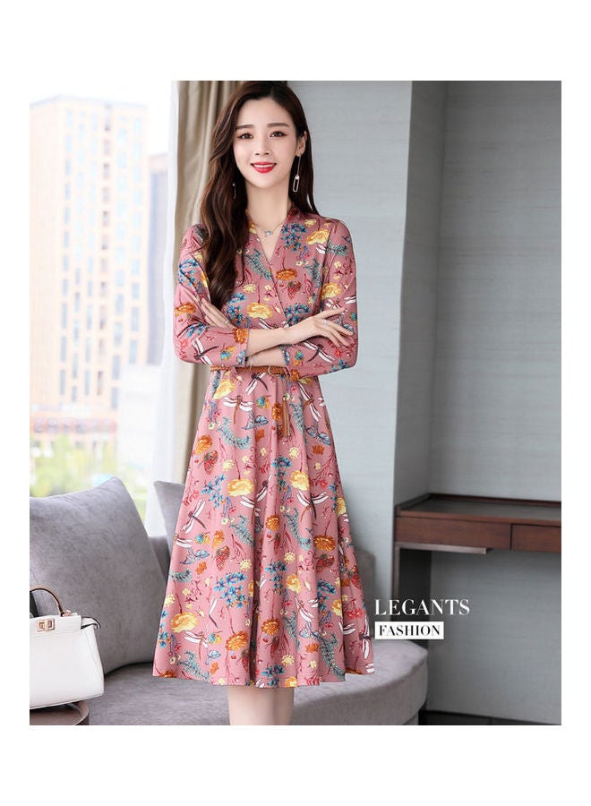 Casual Floral Printed Long Dress With Belt Pink - Image 3
