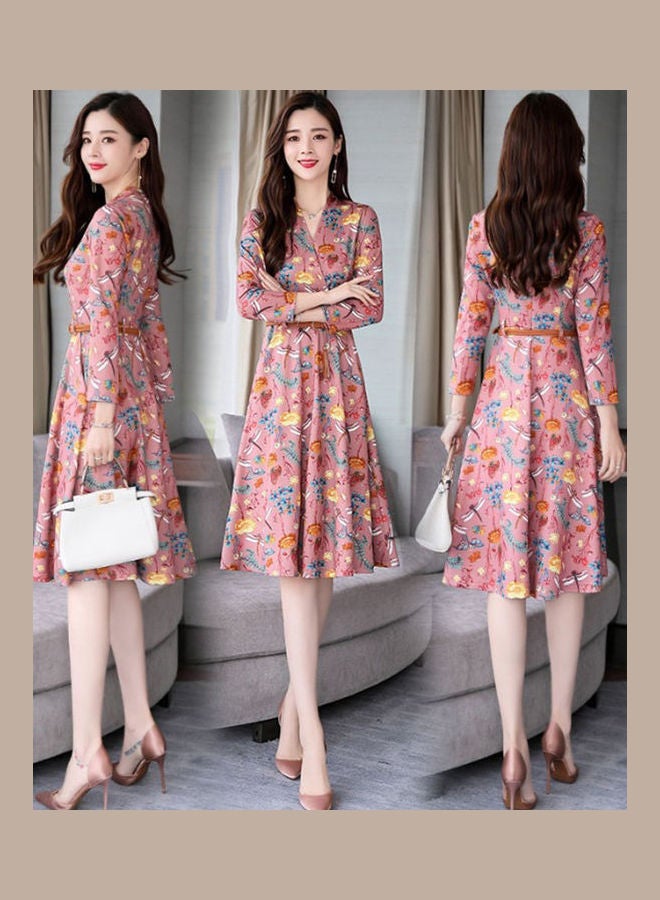 Casual Floral Printed Long Dress With Belt Pink - Image 4
