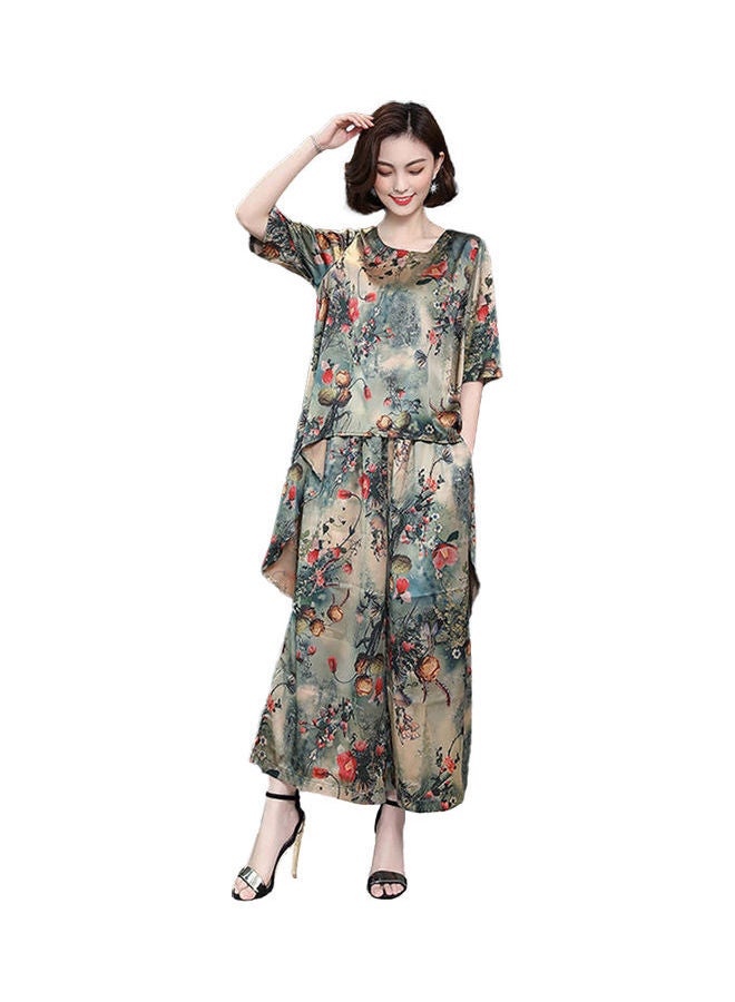 Women Round Collar Short Sleeve Tops And Printing Wide Leg Pants Set Rose - Image 1