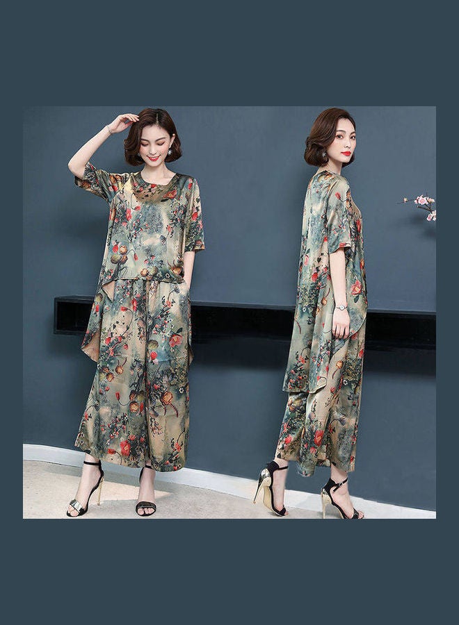 Women Round Collar Short Sleeve Tops And Printing Wide Leg Pants Set Rose - Image 4