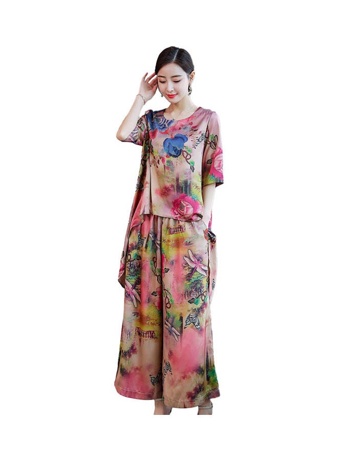 Women Round Collar Short Sleeve Tops And Printing Wide Leg Pants Set Pink Low Color - Image 1
