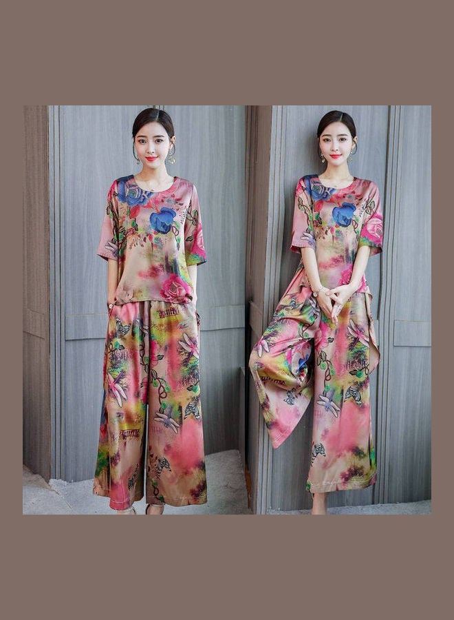 Women Round Collar Short Sleeve Tops And Printing Wide Leg Pants Set Pink Low Color - Image 3