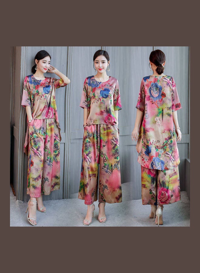 Women Round Collar Short Sleeve Tops And Printing Wide Leg Pants Set Pink Low Color - Image 4
