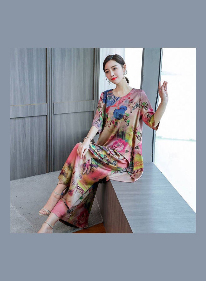 Women Round Collar Short Sleeve Tops And Printing Wide Leg Pants Set Pink Low Color - Image 5
