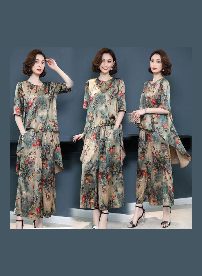 Women Round Collar Short Sleeve Tops And Printing Wide Leg Pants Set Rose - Image 3