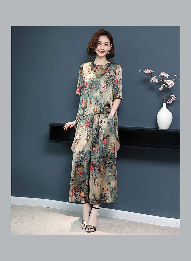 Women Round Collar Short Sleeve Tops And Printing Wide Leg Pants Set Rose - Image 5