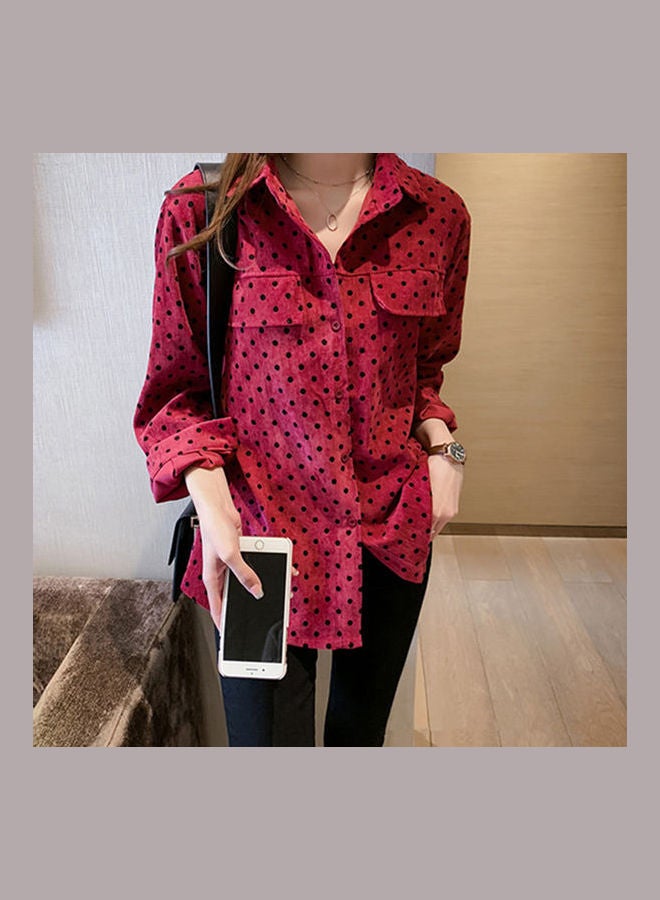 Women Retro Style Dot Long Sleeve Shirt Red  - Image 1