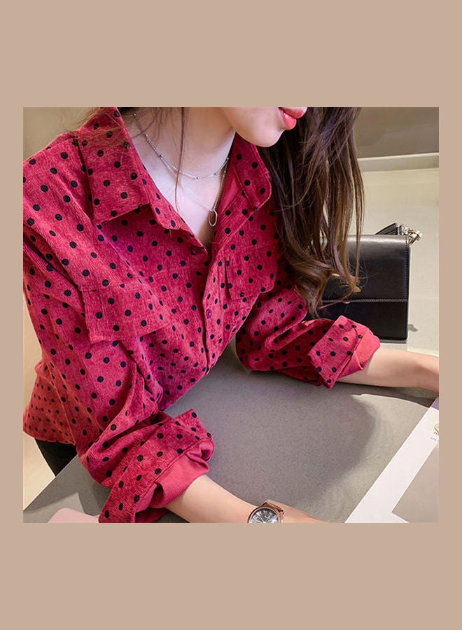 Women Retro Style Dot Long Sleeve Shirt Red  - Image 3