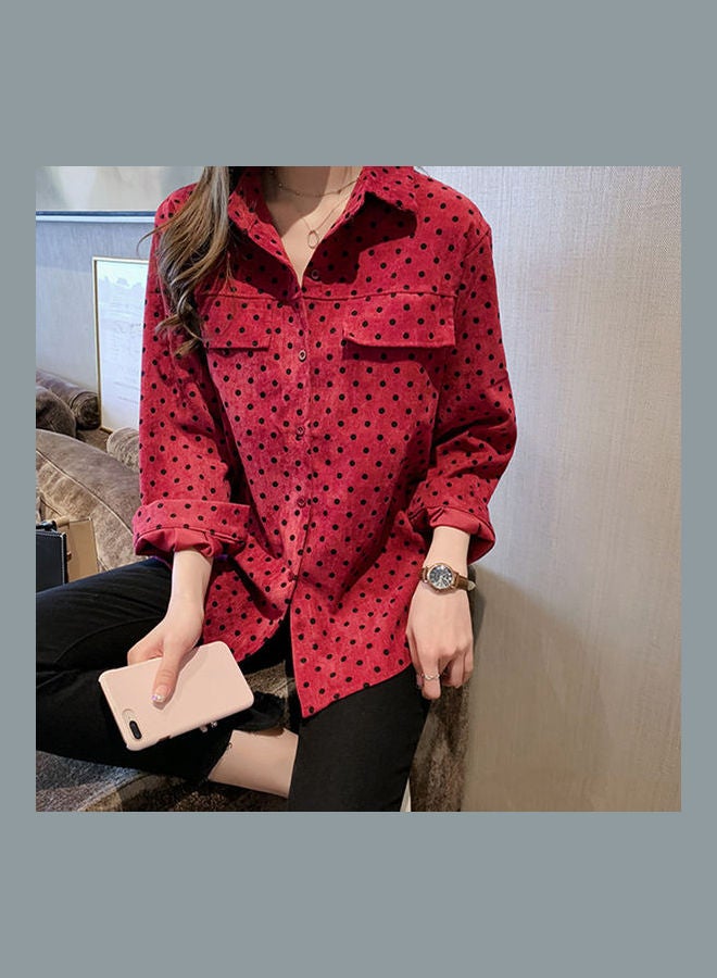Women Retro Style Dot Long Sleeve Shirt Red  - Image 4