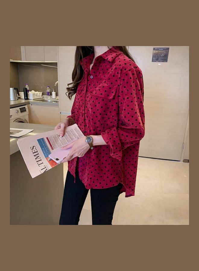 Women Retro Style Dot Long Sleeve Shirt Red  - Image 5
