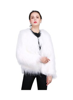 Women Artificial Wool Short Coat With Long Sleeve White