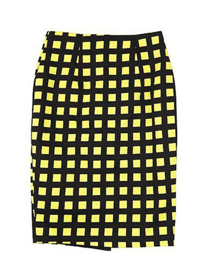 Autumn Summer Plaid Slit Skirt Yellow  - Image 1