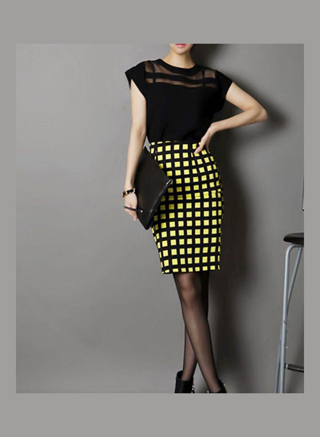 Autumn Summer Plaid Slit Skirt Yellow  - Image 3