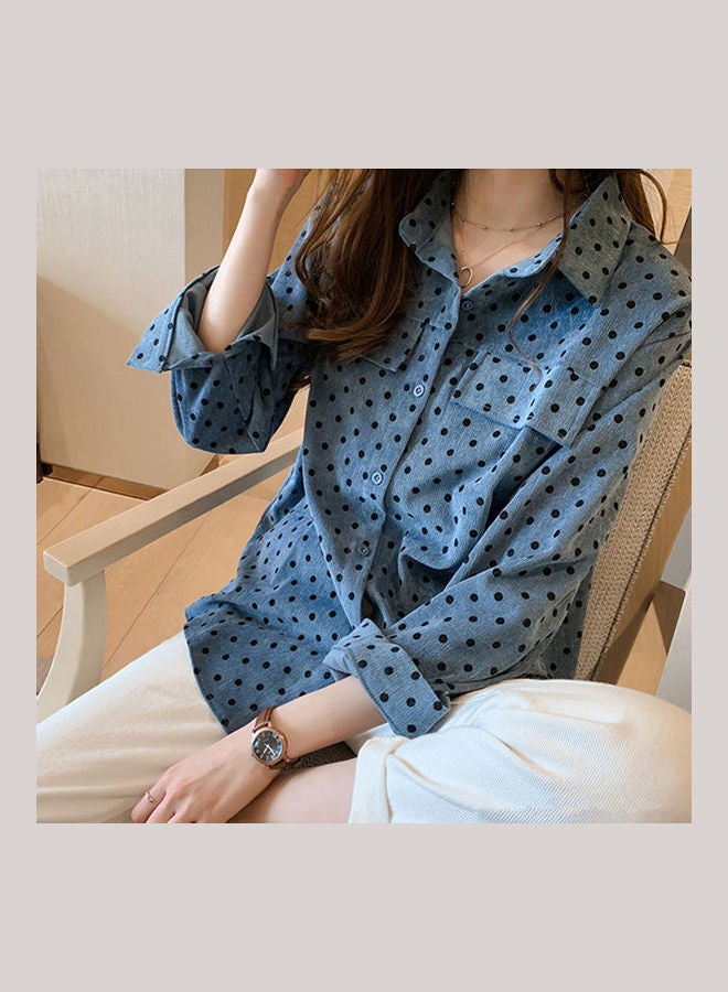 Retro Style Polk Dot Long Sleeve Shirt Blue - Image 1