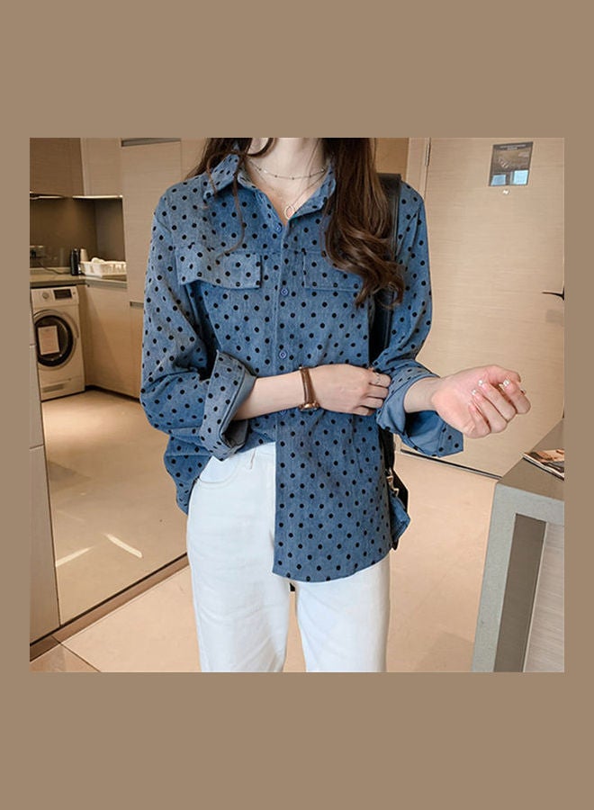 Retro Style Polk Dot Long Sleeve Shirt Blue - Image 3