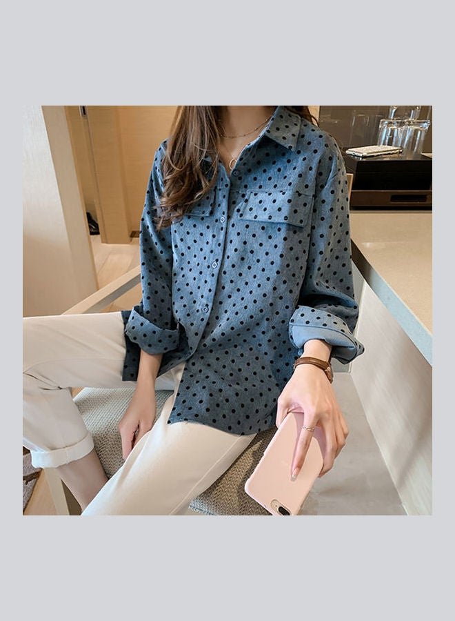 Retro Style Polk Dot Long Sleeve Shirt Blue - Image 4