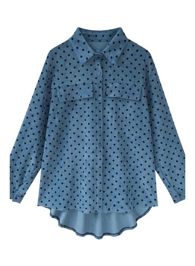 Retro Style Polk Dot Long Sleeve Shirt Blue - Image 5