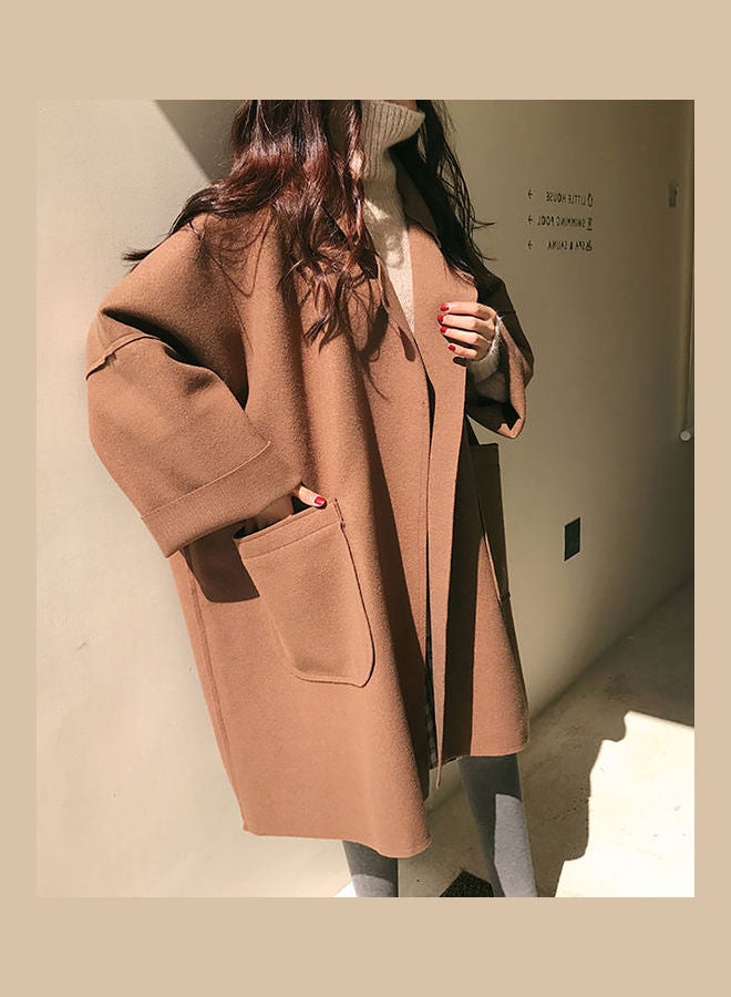 Loose Middle Long Lapel Jacket Overcoat Brown - Image 5