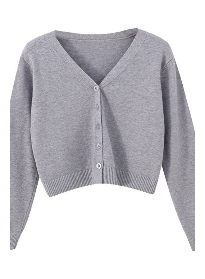 Solid Color V-Neck Long-Sleeve Cardigan Grey  - Image 1