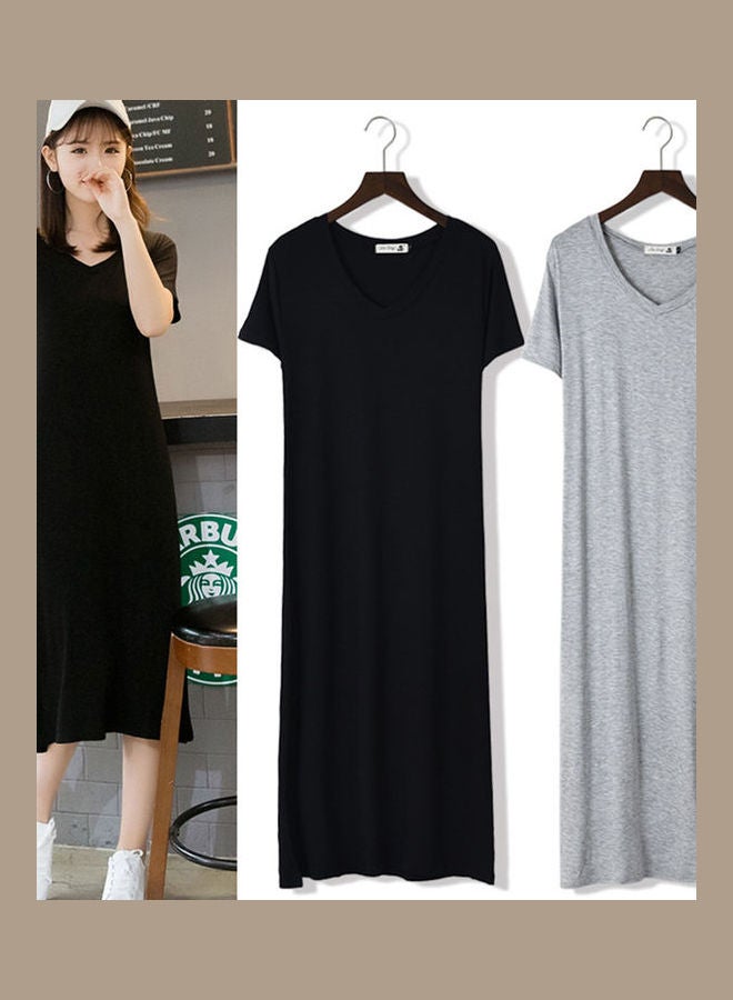 Solid Color V-Neck Short Sleeve Long Dress Light Grey - v1608624368/N43120655V_1