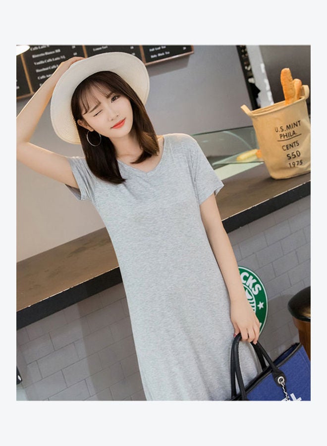 Solid Color V-Neck Short Sleeve Long Dress Light Grey - v1608624368/N43120655V_2