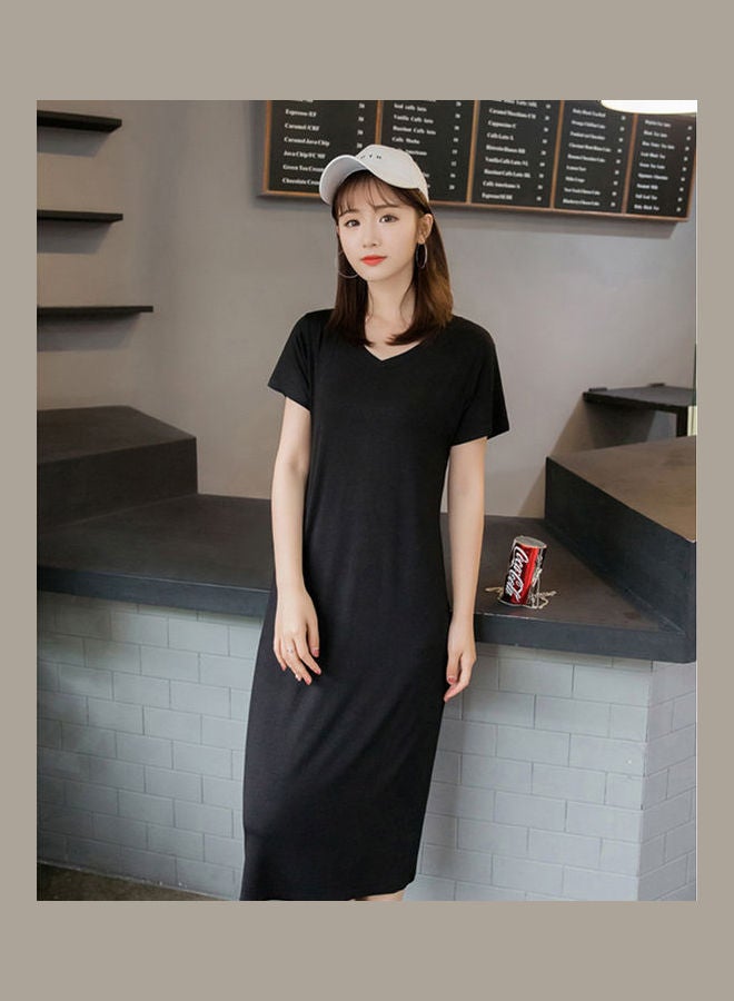 Solid Color V-Neck Short Sleeve Long Dress Light Grey - v1608624368/N43120655V_3