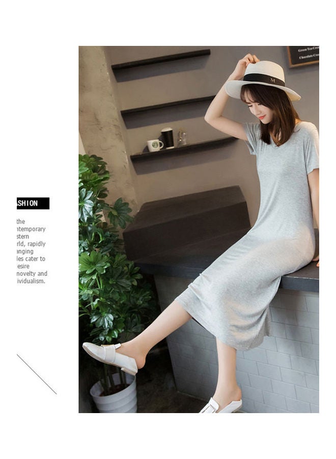 Solid Color V-Neck Short Sleeve Long Dress Light Grey - v1608624368/N43120655V_5