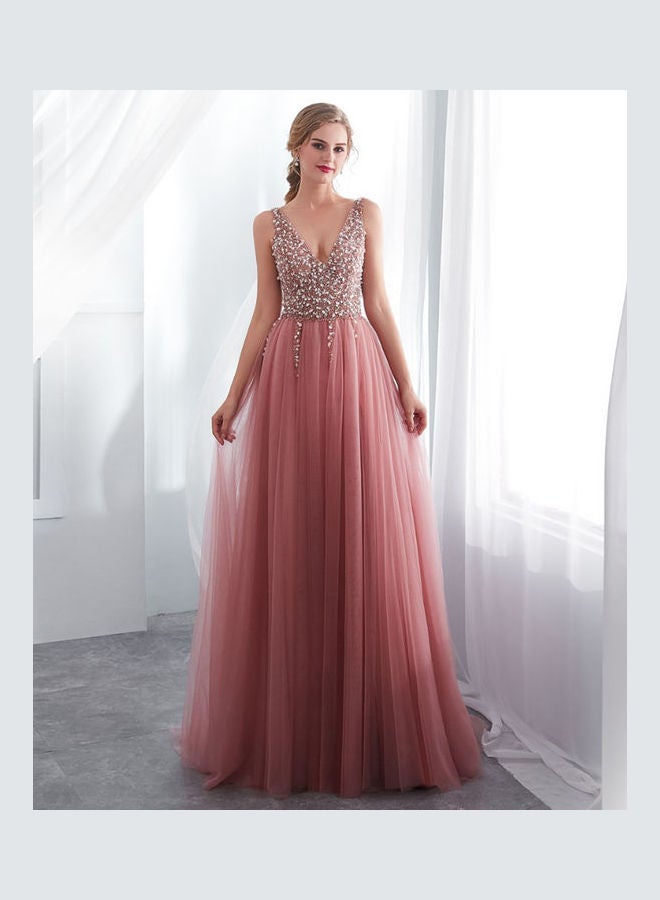 Deep V-Shape Sling Mesh Wedding Dress Pink  - Image 1