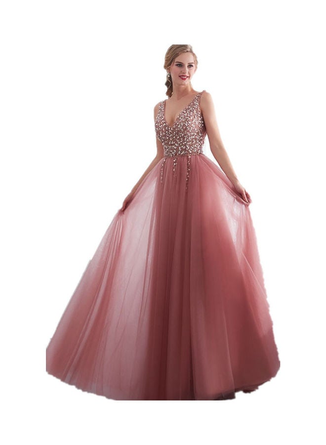 Deep V-Shape Sling Mesh Wedding Dress Pink  - Image 2