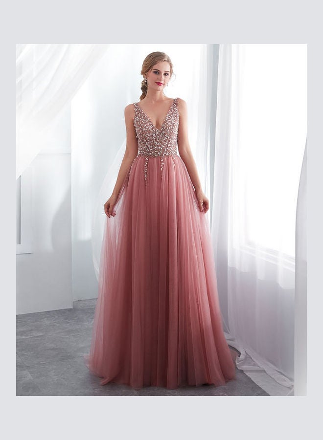 Deep V-Shape Sling Mesh Wedding Dress Pink  - Image 3