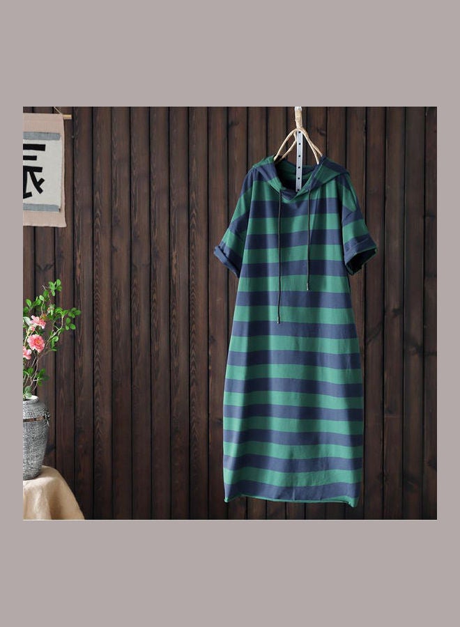 Hooded Short Sleeve Loose Waist Casual Dress Blue - Image 3