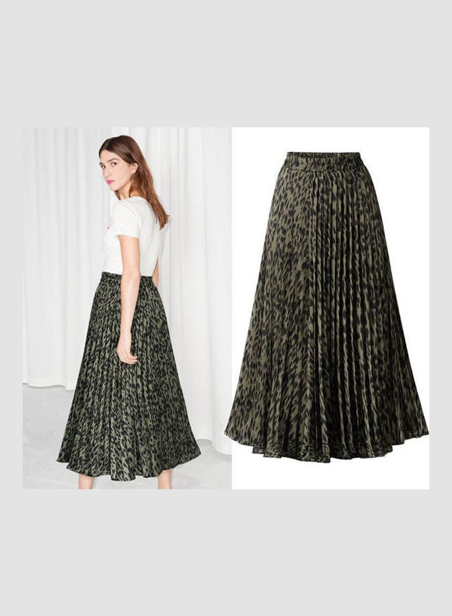 Printing A-Line Long Pleated Skirt Green - Image 3