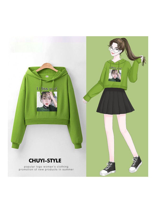 Hooded High Waist Pullover Short Long Sleece Sweatshirts Green  - Image 3