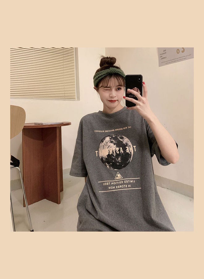 Short Sleeve Letter Crew Neck Loose Base Shirt Grey  - Image 3