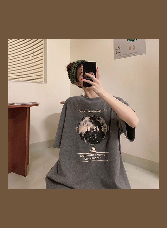 Short Sleeve Letter Crew Neck Loose Base Shirt Grey  - Image 5