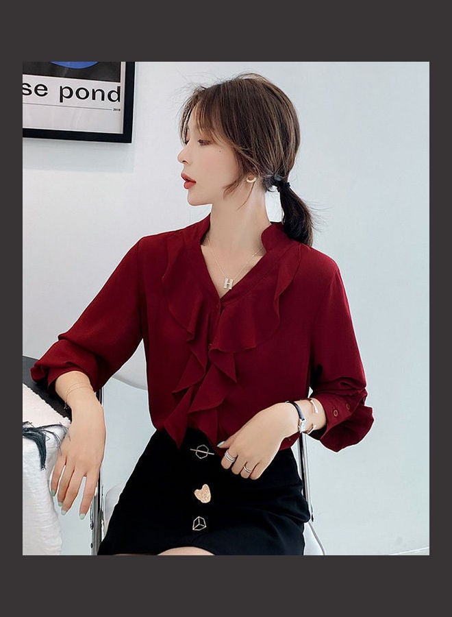 V-Neck Flounced Chiffon Long Sleeve Shirt Red Wine - Image 1